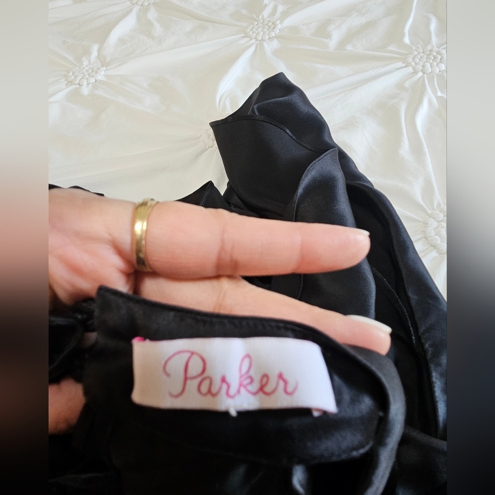 Parker Sonelle Mock-Neck Cold-Shoulder Silk Satin Blouse Color Black - Picture 7 of 9